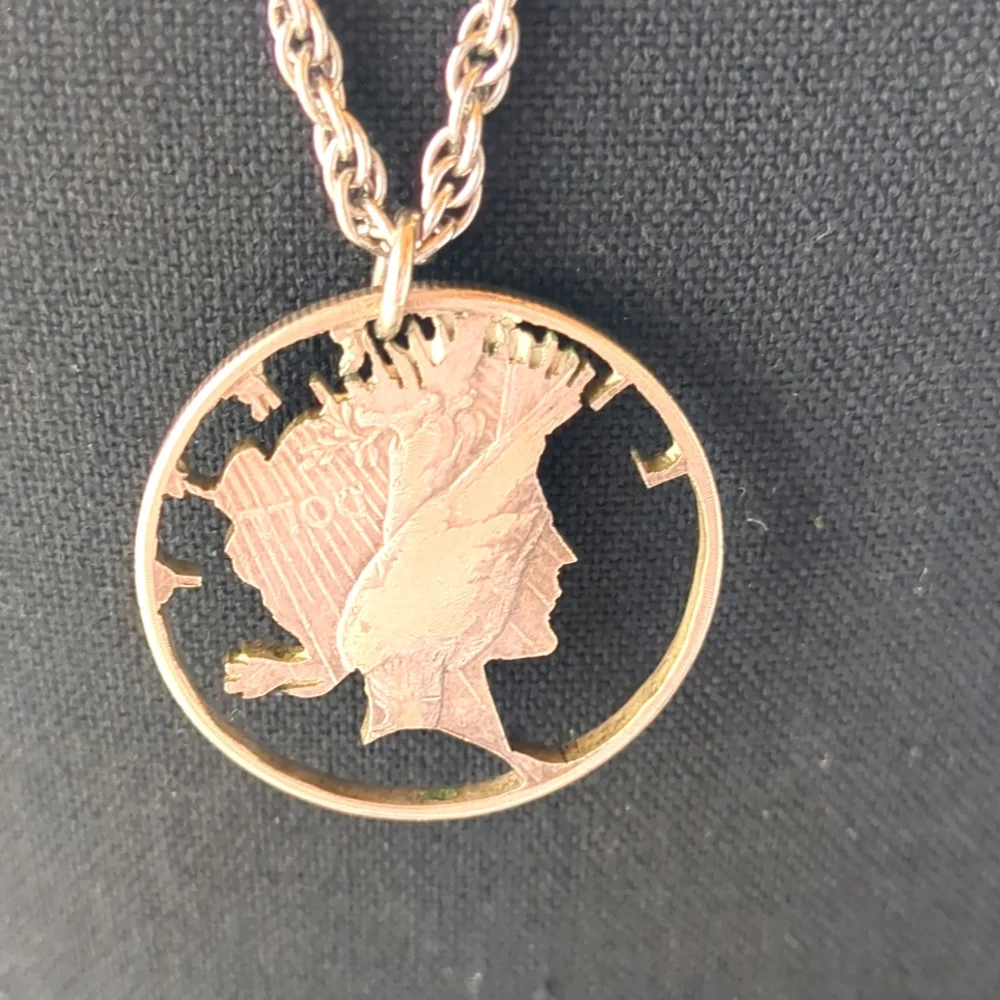 VTG 60s Silver Liberty Dollar Necklace, Pendant Custom Cut Out Head Authentic - Picture 3 of 6